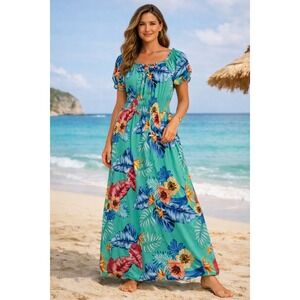 Seven Islands Teal Tropical Floral Smocked Waist Rayon Maxi Dress Large